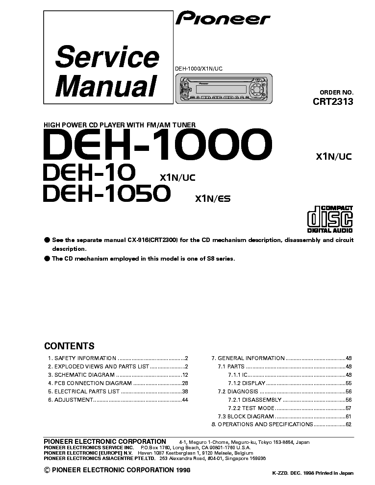 PIONEER DEH1000 SM service manual (1st page)