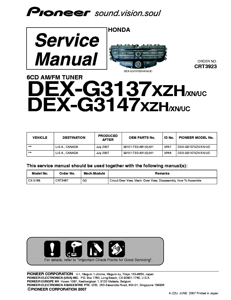 PIONEER DEX-G3137XZH DEX-G3147XZH service manual (1st page)