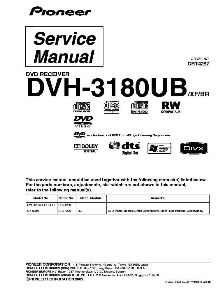 PIONEER DVH-3180UB CRT4297 CAR DVD RECIEVER service manual (1st page)
