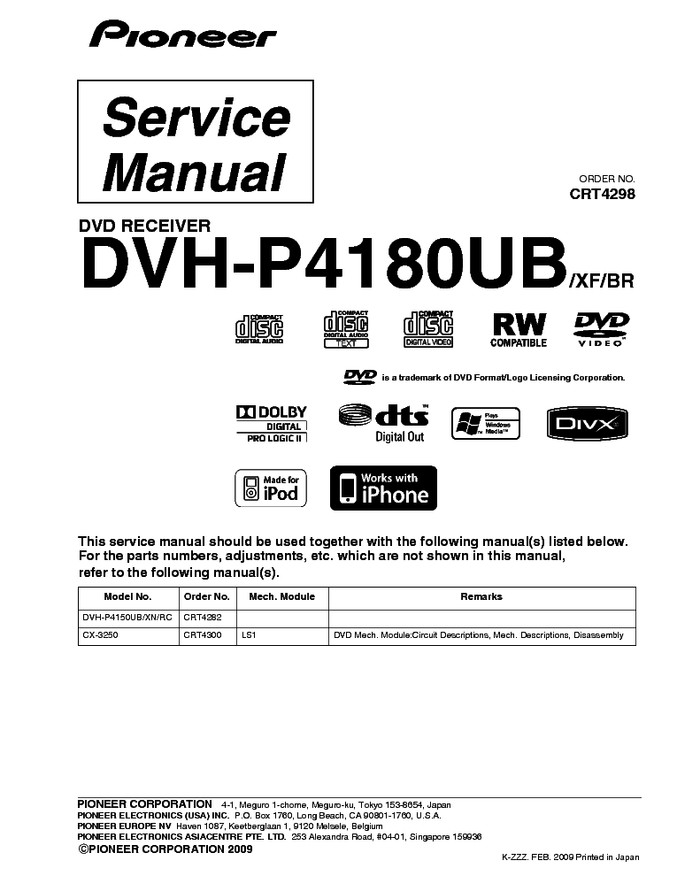 PIONEER DVH-P4180UB CRT4298 CAR DVD RECEIVER service manual (1st page)