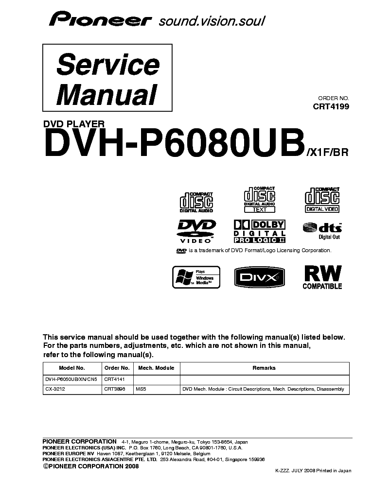 PIONEER DVH-P6080UB CRT4199 CAR DVD PLAYER service manual (1st page)