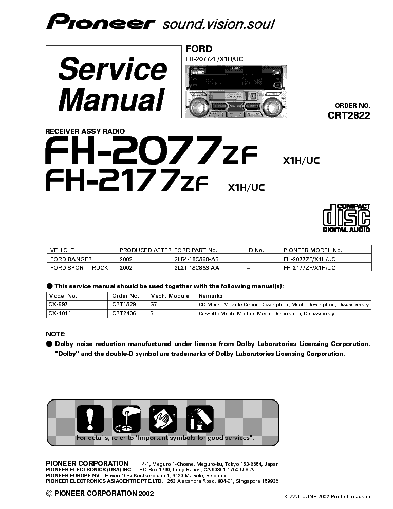 PIONEER FH-2077ZF 2177ZF CRT2822 service manual (1st page)