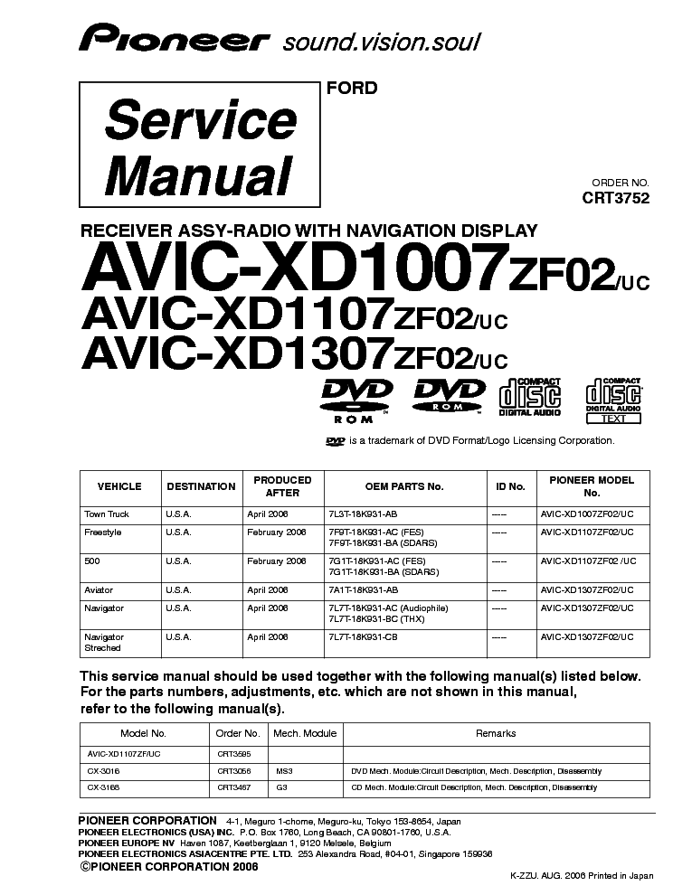 PIONEER FORD AVIC-XD1007 XD1107 XD1307 ZF02-UC SM service manual (1st page)