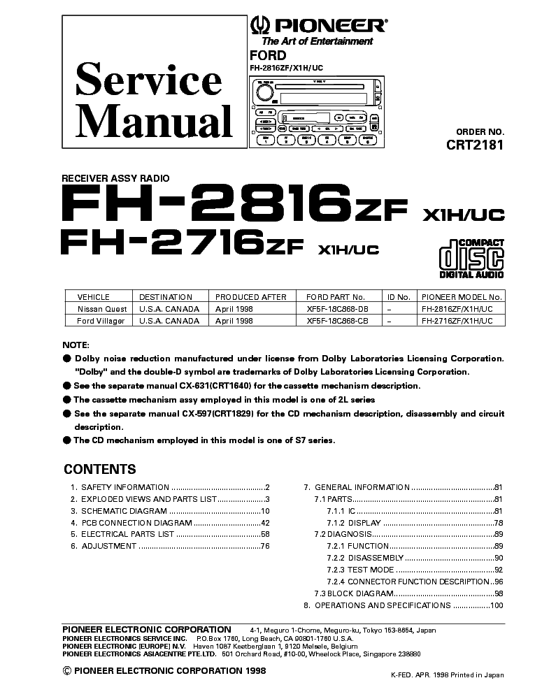 PIONEER FORD FH-2816 FH-2716-CRT2181 service manual (1st page)