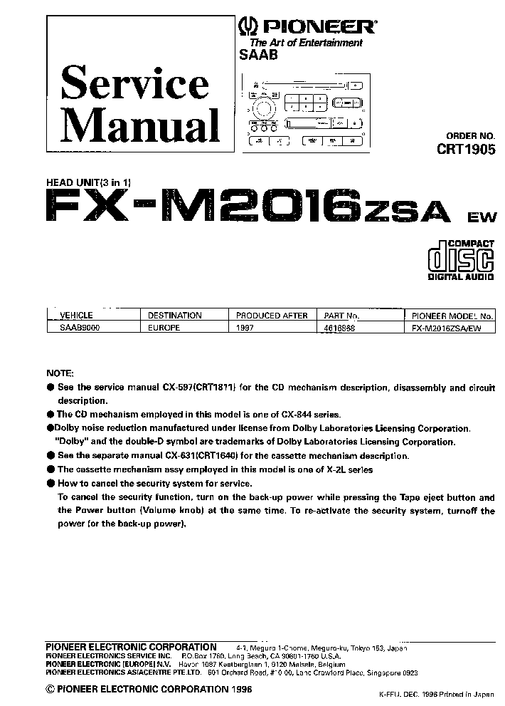 PIONEER FX-M2016-ZSA SAAB SM service manual (1st page)