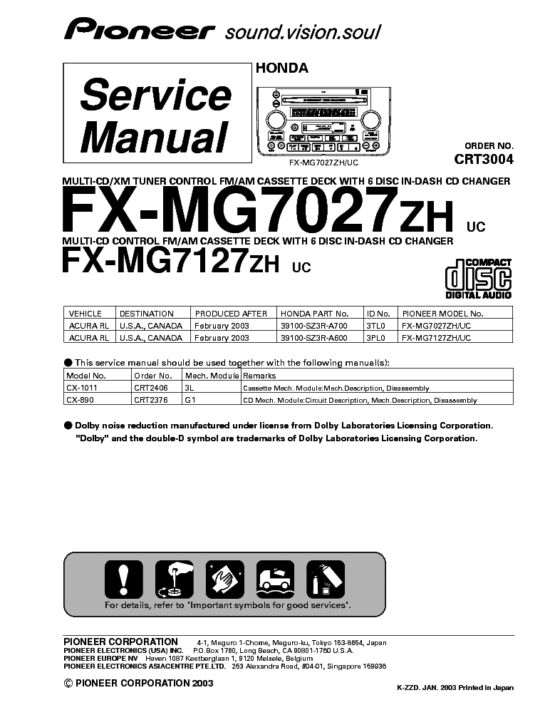PIONEER FX-MG7027ZH MG7127 CRT3004 HONDA service manual (1st page)