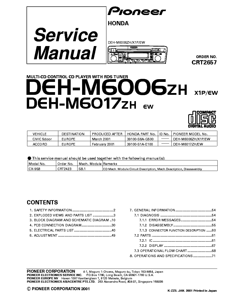 PIONEER HONDA DEH-M6006 DEH-M6017-CRT2657 service manual (1st page)