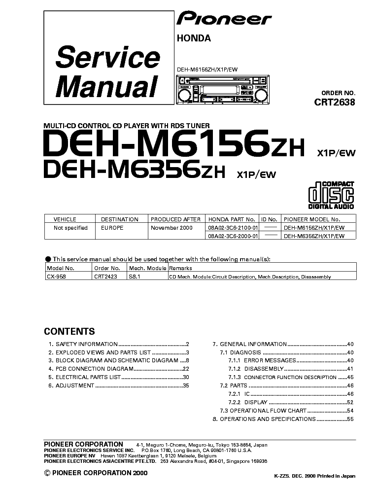 PIONEER HONDA DEH-M6156 DEH-M6356-CRT2638 service manual (1st page)