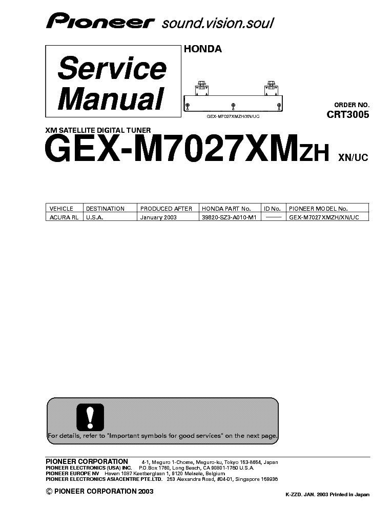 PIONEER HONDA GEX-M7027XM-CRT3005- service manual (1st page)