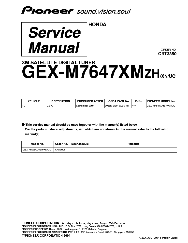 PIONEER HONDA GEX-M7647-CRT3350- service manual (1st page)