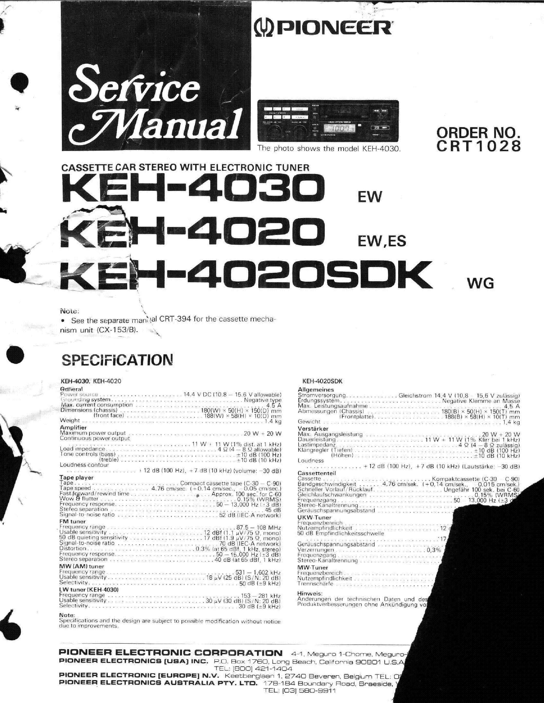 PIONEER KEH-4020 4030 service manual (1st page)