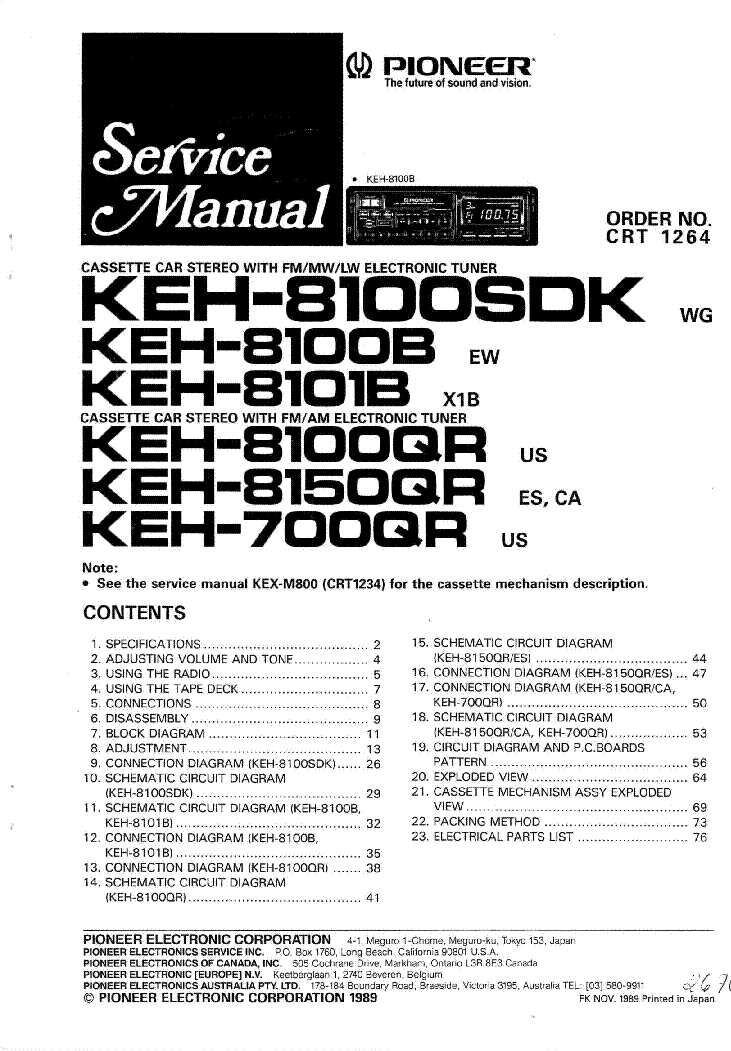 PIONEER KEH-700 KEH-8100 KEH-8101 KEH-8150 SM CRT1264 service manual (1st page)