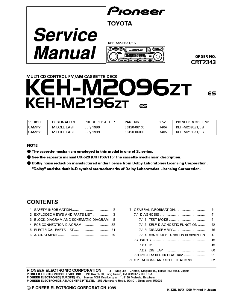 PIONEER KEH-M2096ZT KEH-M2196ZT TOYOTA service manual (1st page)