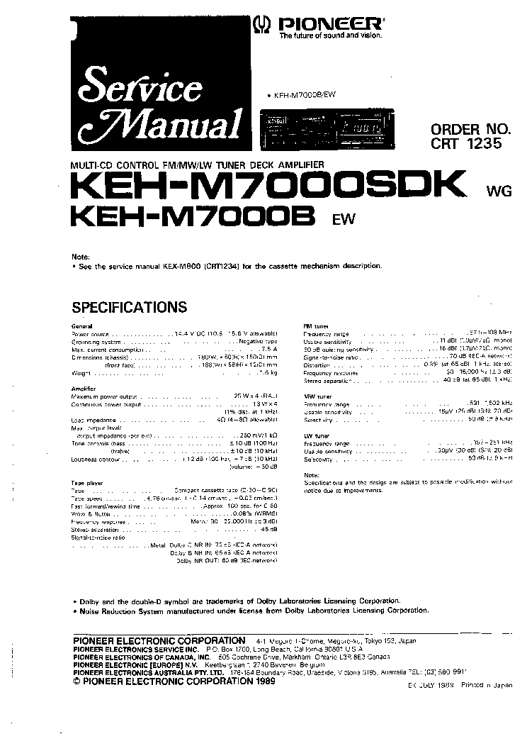 PIONEER KEH-M7000SDK KEH-M7000B SM service manual (1st page)