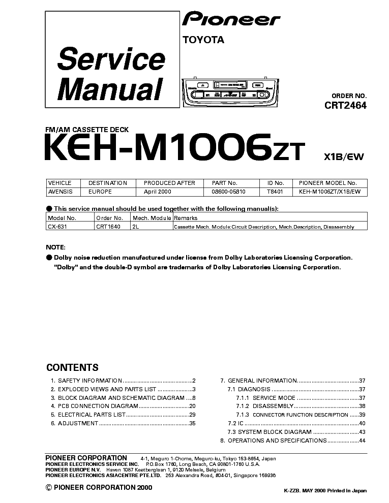 PIONEER KEH-M8117ZT X1BEW SM service manual (2nd page)