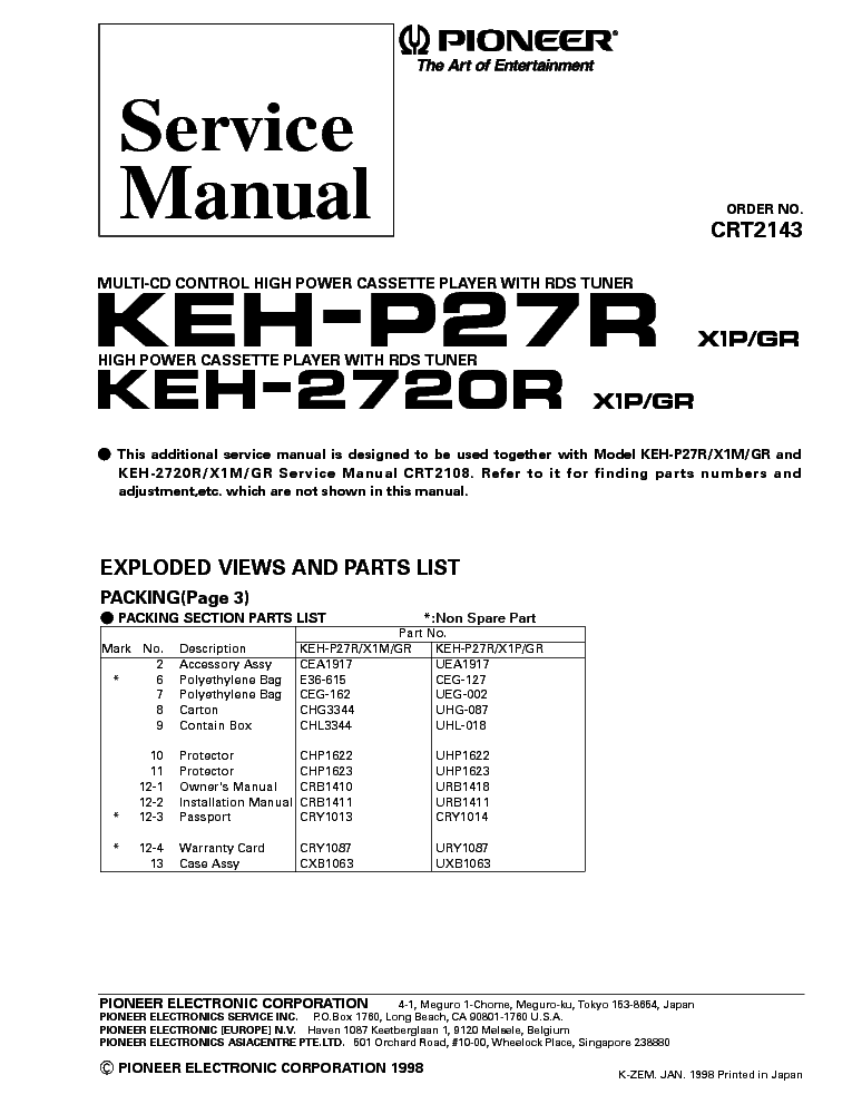 PIONEER KEH-P27R KEH-2720R PARTS service manual (1st page)