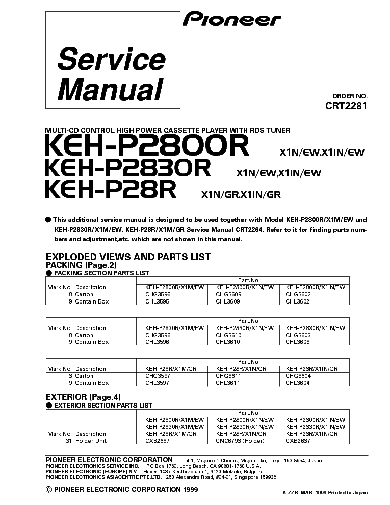 PIONEER KEH-P2800R KEH-P2830R KEH-P28R PARTS CRT2281 service manual (1st page)
