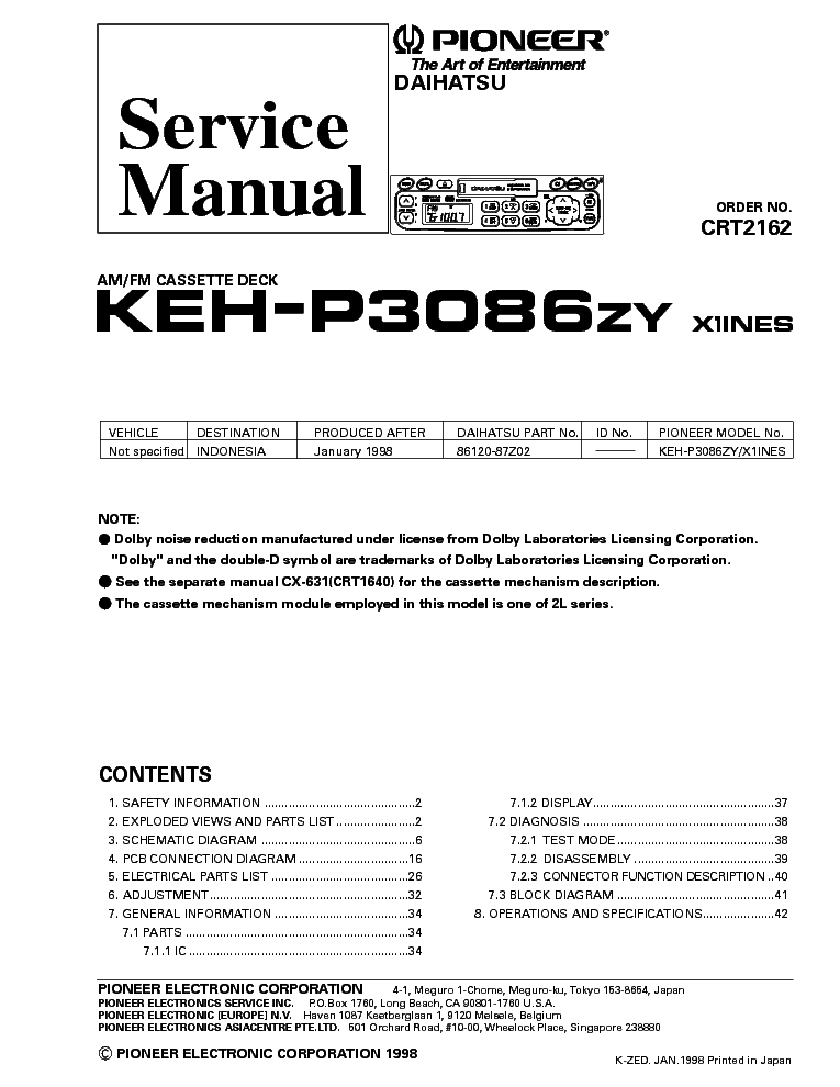PIONEER KEH-P3086ZY DAIHATSU CRT2162 service manual (1st page)