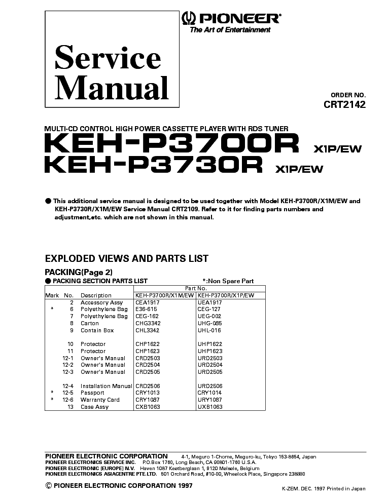 PIONEER KEH-P3700R KEH-P3730R PARTS service manual (1st page)
