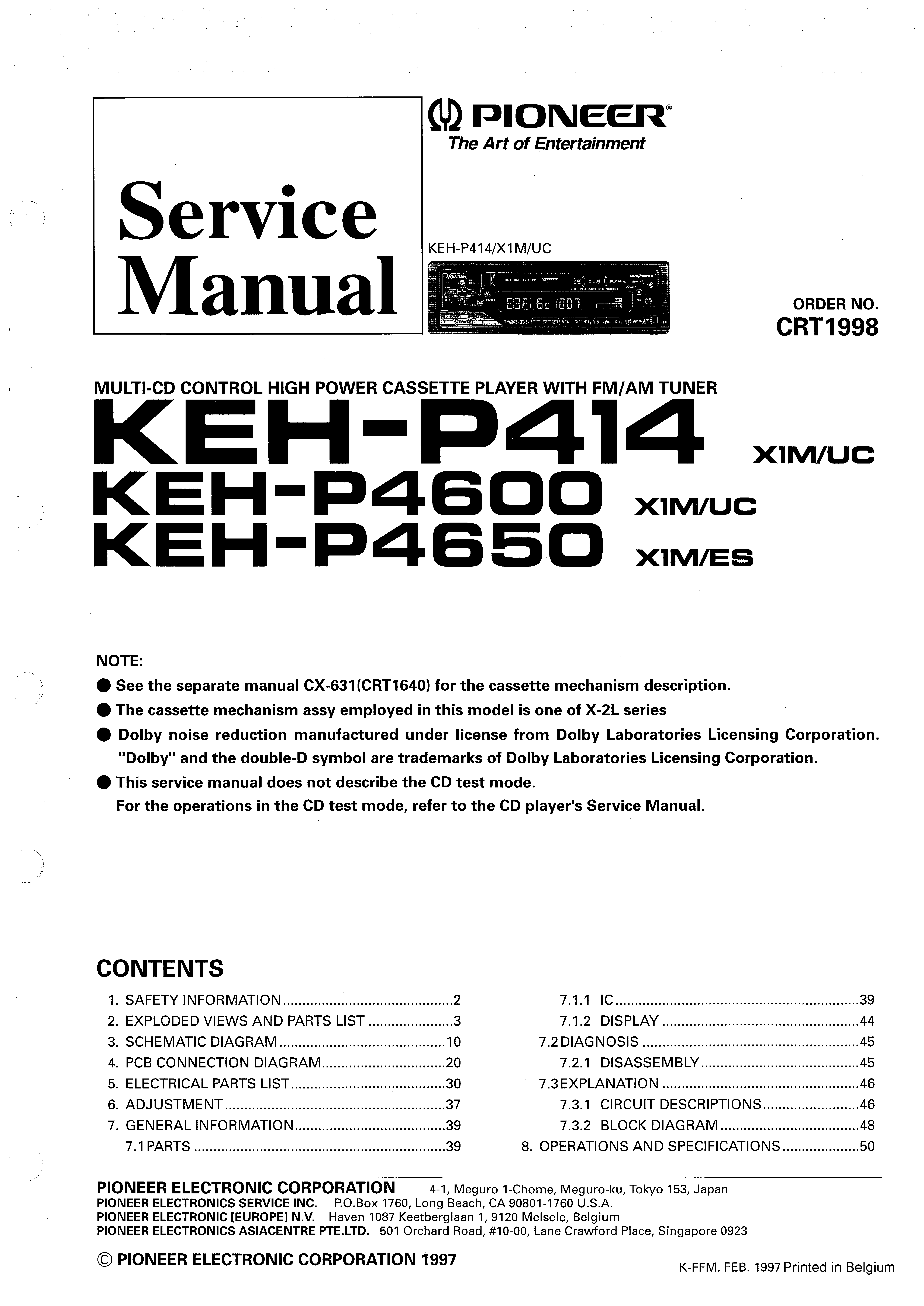 PIONEER KEH-P414 P4600 P4650 CRT1998 SM service manual (1st page)