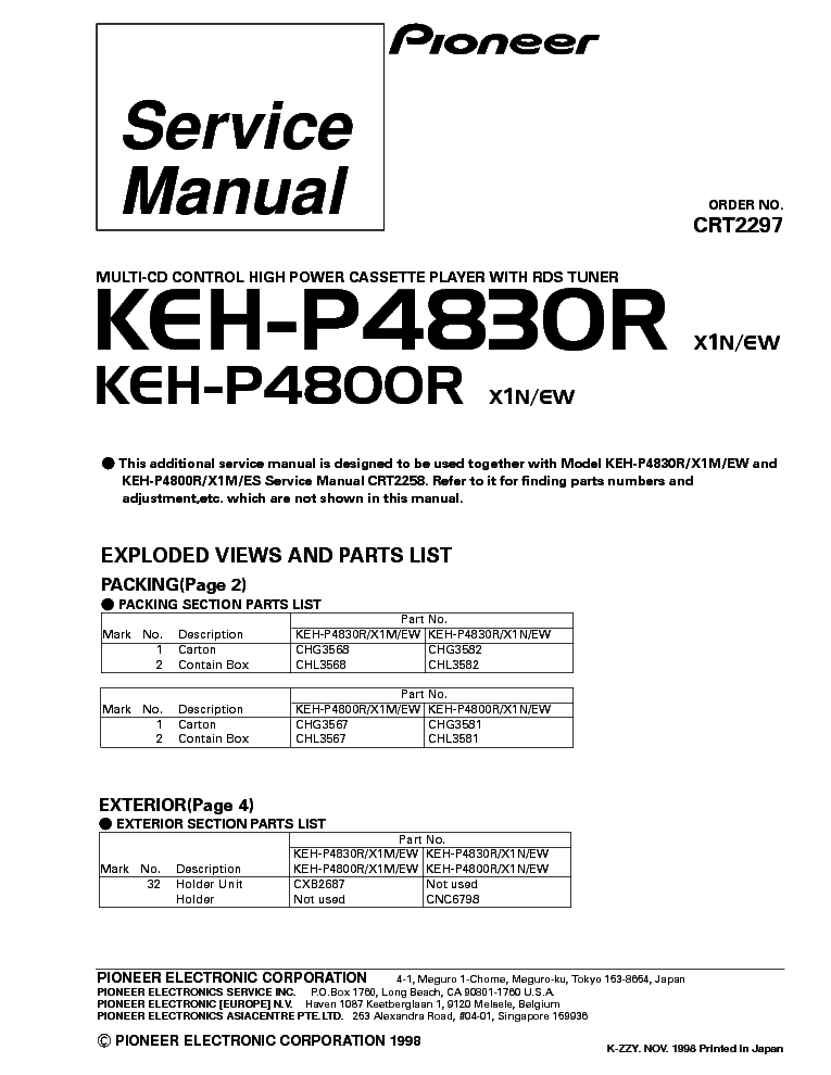 PIONEER KEH-P4830R KEH-4800R PARTS service manual (1st page)