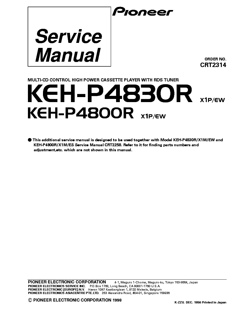 PIONEER KEH-P4830R KEH-P4800R PARTS CRT2314 service manual (1st page)