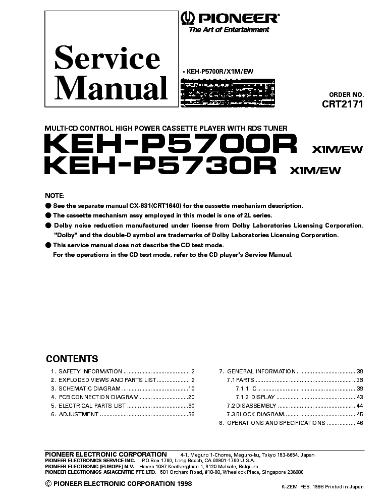 PIONEER KEH-P5700R P5730R service manual (1st page)
