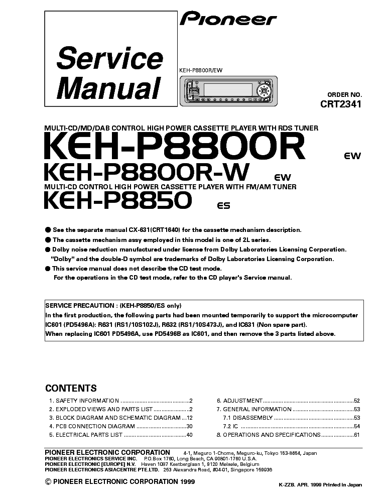 PIONEER KEH-P8800R R-W 8850 CRT2341 service manual (1st page)