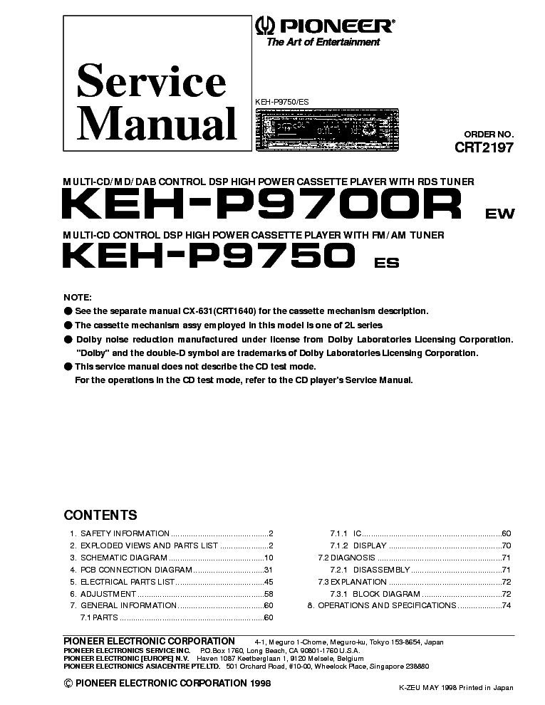 PIONEER KEH-P9700R 9750R CRT2197 service manual (1st page)
