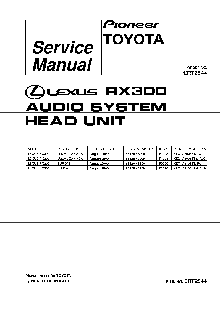 PIONEER KEX-M8006 KEX-M8106 TOYOTA LEXUS RX300 SM service manual (1st page)