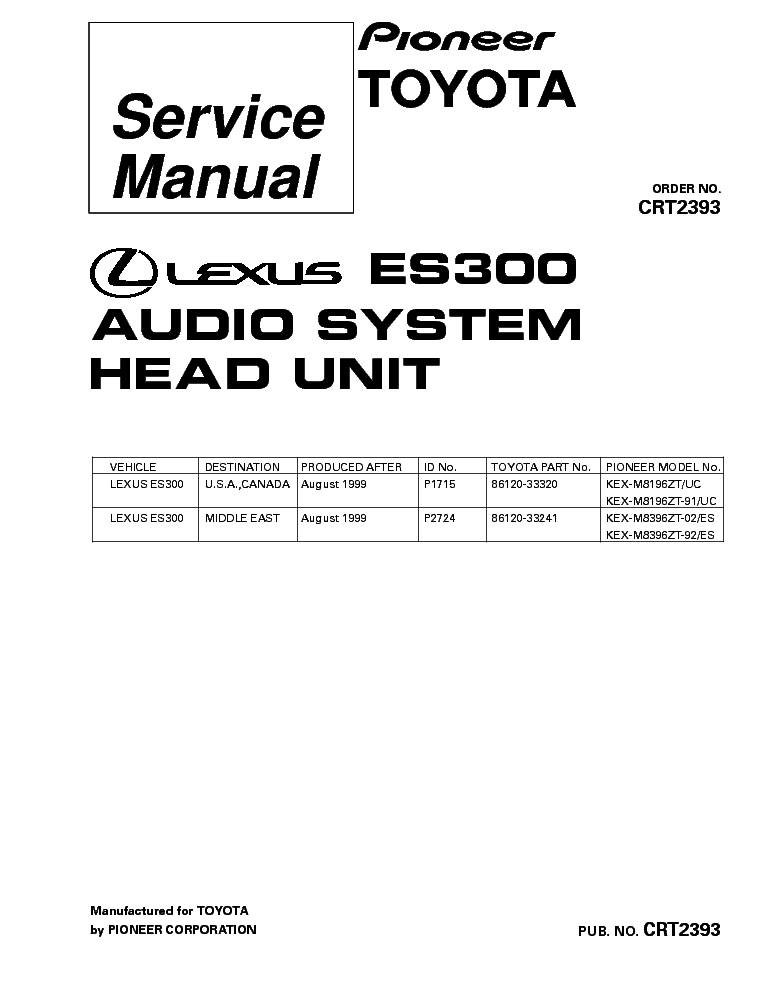 PIONEER LEXUS ES300 KEX-M8196 KEX-M8396-CRT2393- service manual