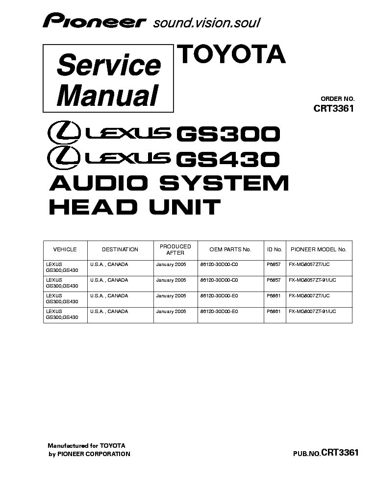PIONEER LEXUS GS300.430 FX-MG8057 MG8007-CRT3361- service manual (1st page)