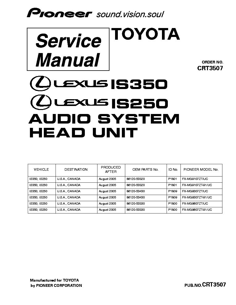 PIONEER LEXUS IS350 IS250 FX-MG9107 M9307 M9607-CRT3507- service manual (1st page)