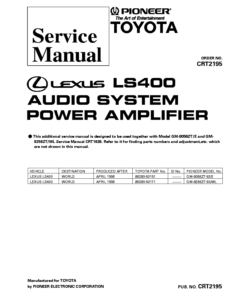 PIONEER LEXUS LS400 GM8056 GM-8256 CRT2195 service manual (1st page)