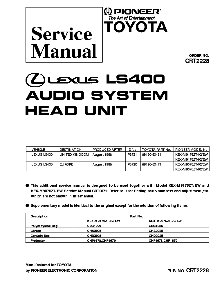 PIONEER LEXUS LS400 KEX-M9176 M9076 CRT2228 service manual (1st page)