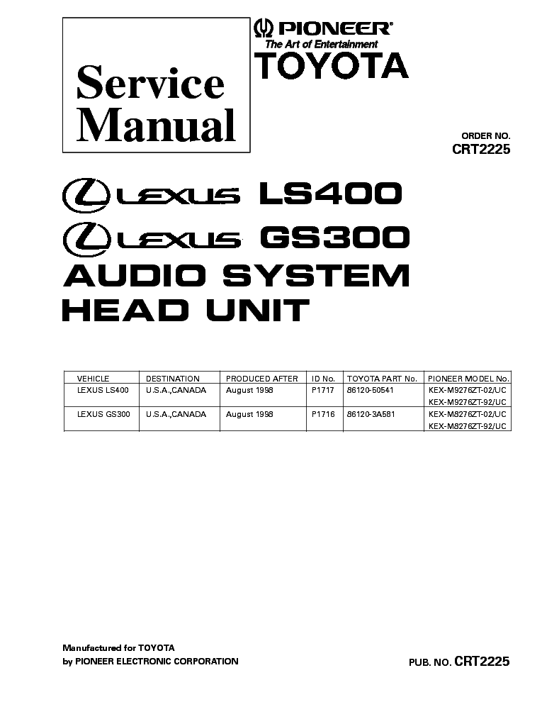 PIONEER LEXUS LS400 KEX-M9276 M8276 CRT2225 service manual (1st page)