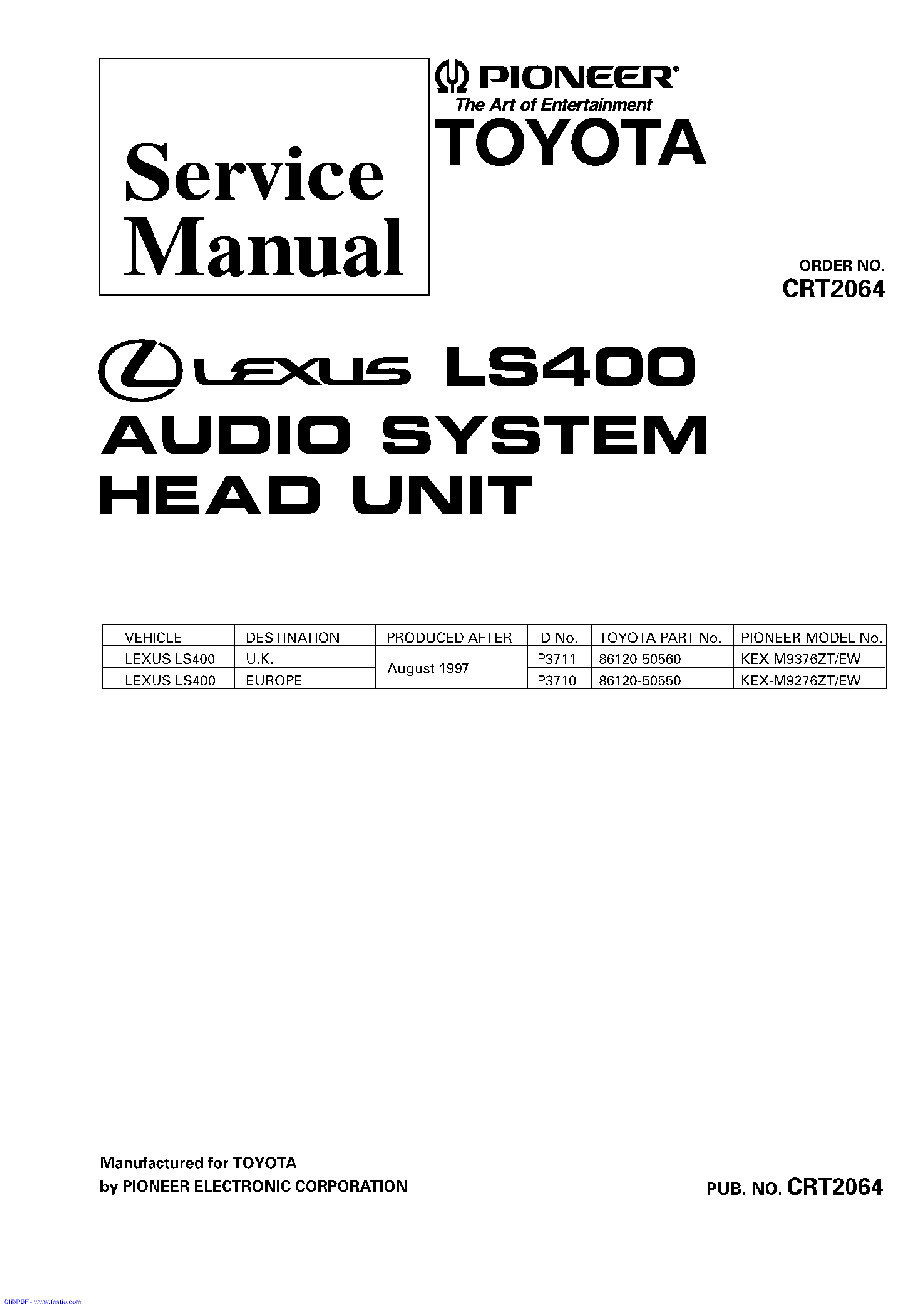 PIONEER LEXUS LS400 KEX-M9376 M9276-CRT2064- service manual (1st page)