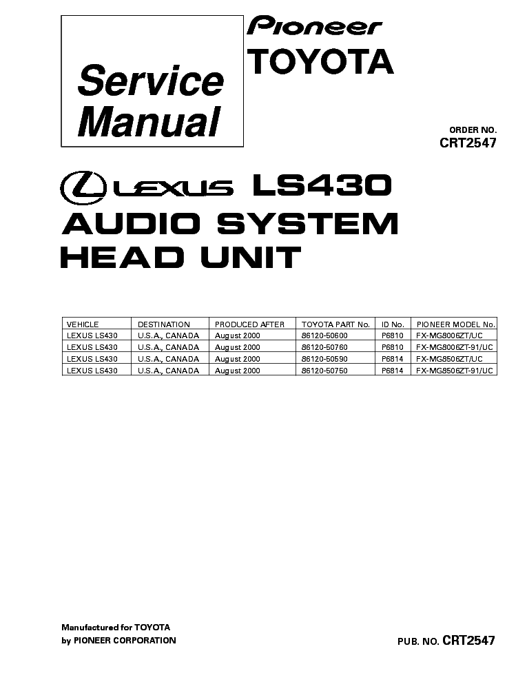 PIONEER LEXUS LS430 FX-MG8006 MG8506-CRT2547- service manual (1st page)