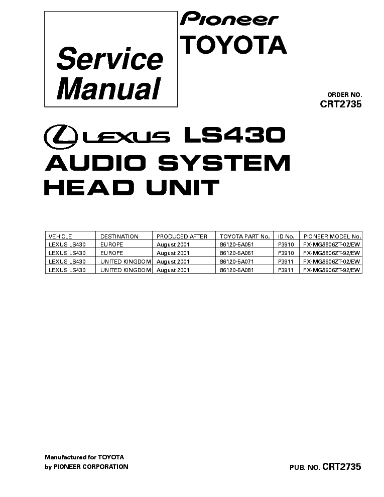 PIONEER LEXUS LS430 FX-MG8806 MG8906 CRT2735 service manual (1st page)