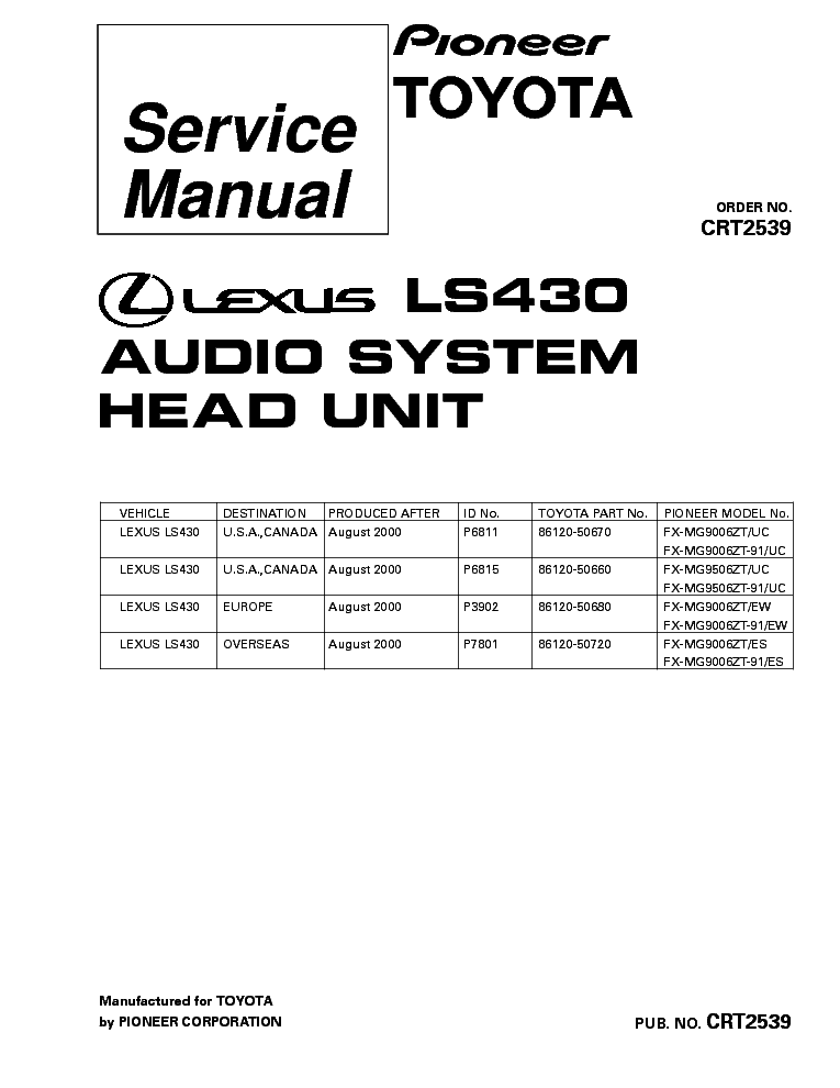 PIONEER LEXUS LS430 FX-MG9006 MG9506 CRT2539 service manual (1st page)
