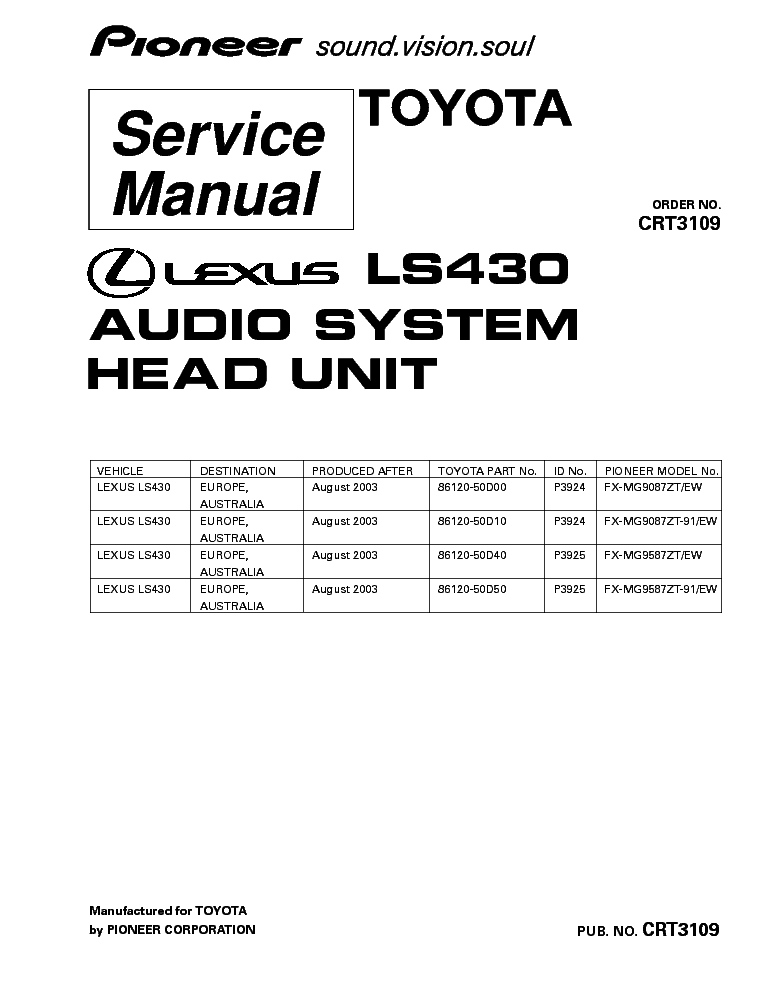 PIONEER LEXUS LS430 FX-MG9087 MG9587 CRT3109 service manual (1st page)