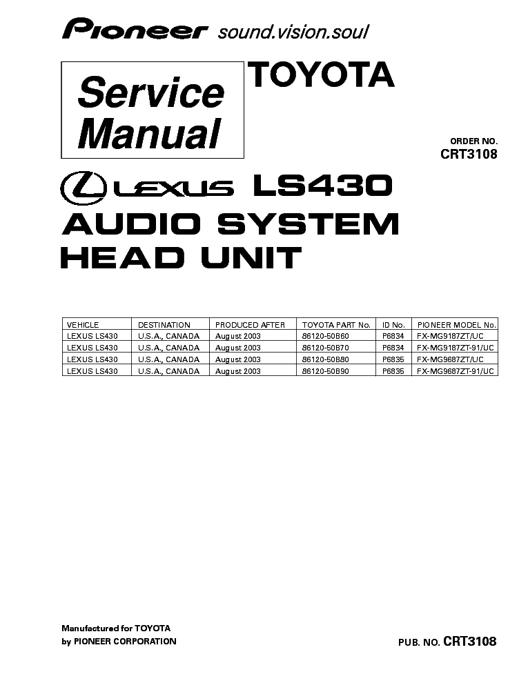 PIONEER LEXUS LS430 FX-MG9187 MG9687-CRT3108- service manual (1st page)