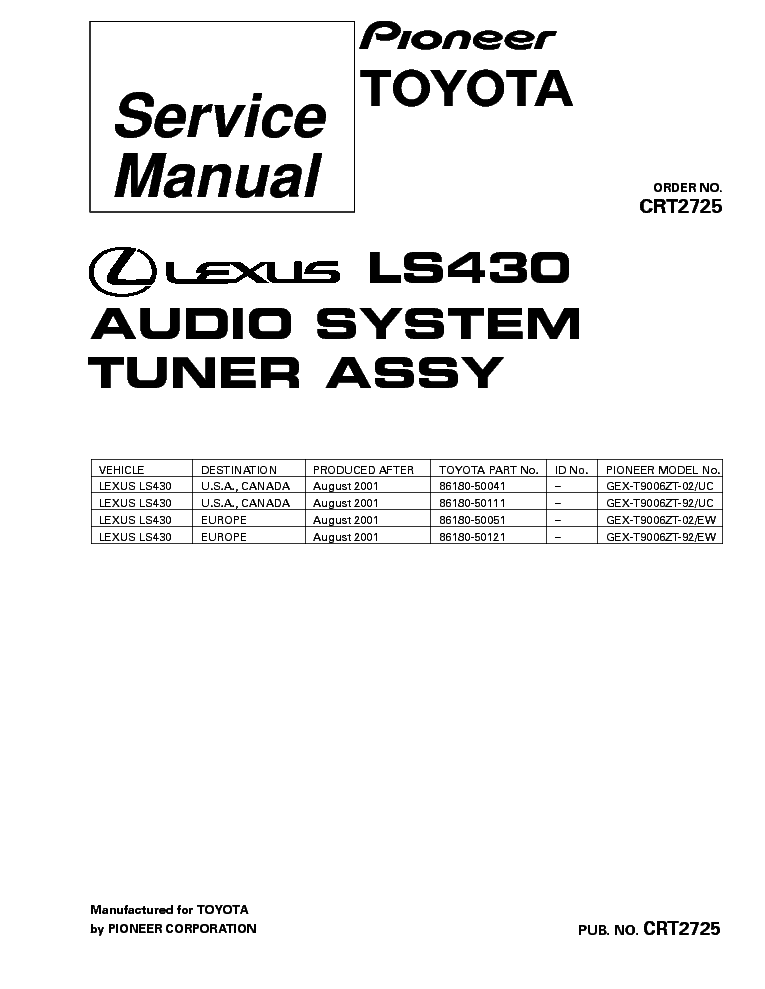 PIONEER LEXUS LS430 GEX-T9006 CRT2725 service manual (1st page)