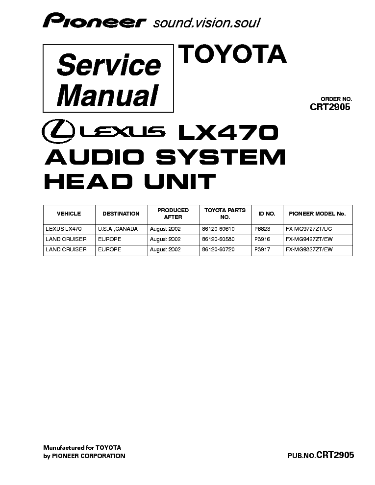 PIONEER LEXUS LX470 FX-MG9727 MG9427 MG9327-CRT2905- service manual (1st page)