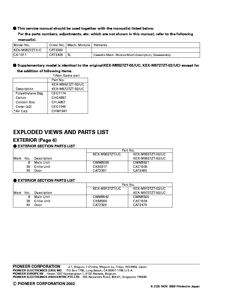 PIONEER LEXUS LX470 KEX-M9527 CRT2987 service manual (2nd page)