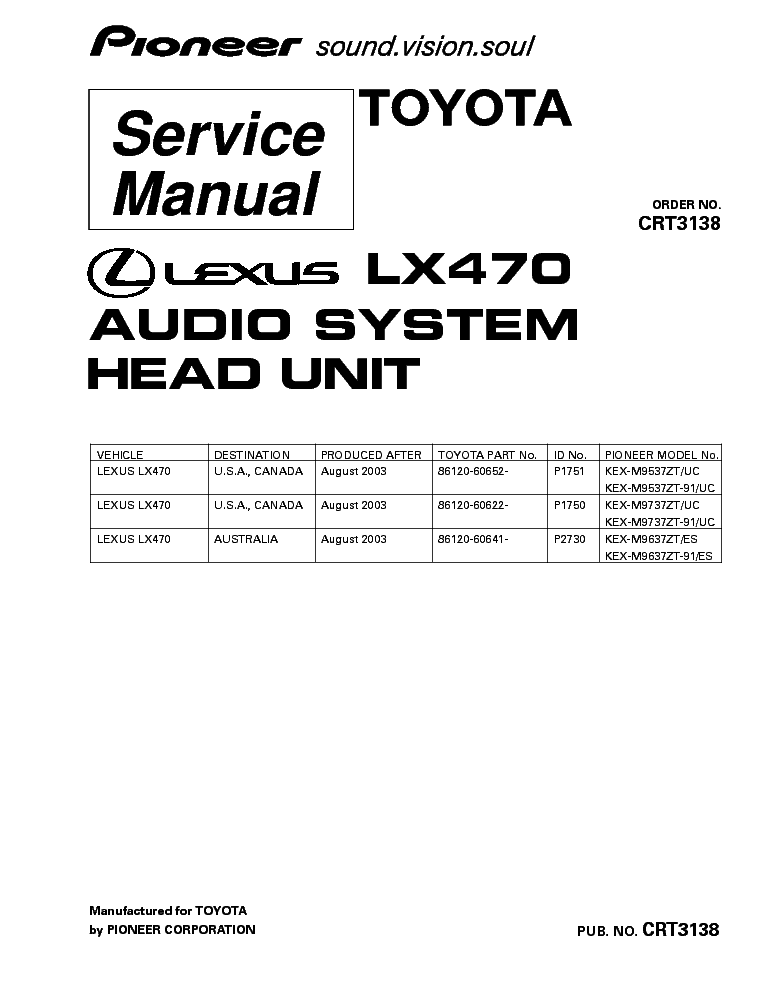 PIONEER LEXUS LX470 KEX-M9537 M9737 M9637 CRT3138 service manual (1st page)