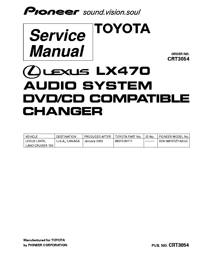 PIONEER LEXUS LX470 XDV-M8127 CRT3054 service manual (1st page)