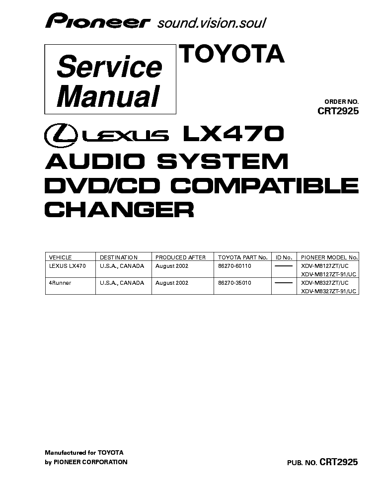 PIONEER LEXUS LX470 XDV-M8127 M8327 CRT2925 service manual (1st page)