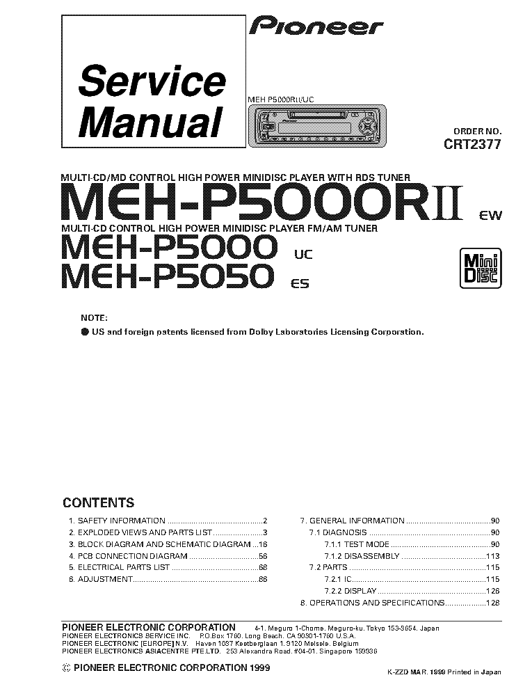 PIONEER MEH-P5000RII MEH-P5000 MEH-P5050 CRT2377 service manual (1st page)
