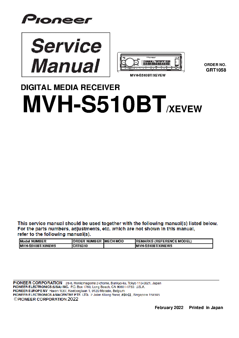 PIONEER MVH-S510BT GRT1058 SM service manual (1st page)